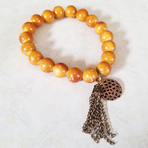 Hand Crafted Boho Beaded Gold Tone Charm Stretch Bracelet - Picture 5 of 16